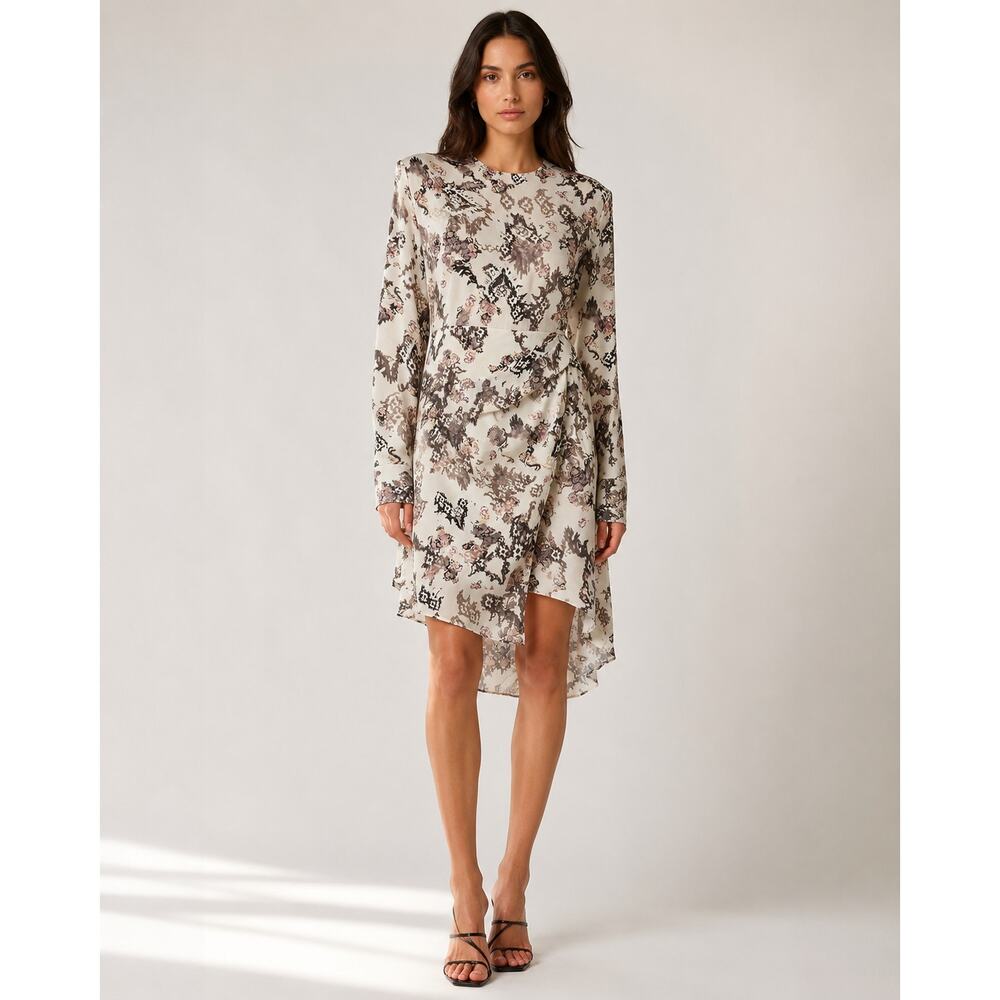 IRO Satyan Dress 0 XS FR 32 Ivory Shoulder Pads Asymmetric Abstract Floral